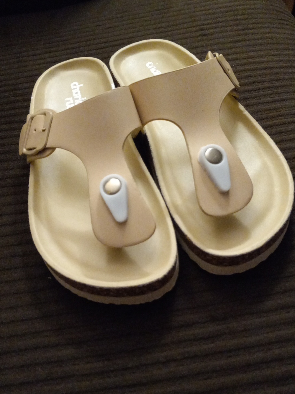 Comfort Slip-On Toe-Post Sandals in Beige by Charlotte russe...